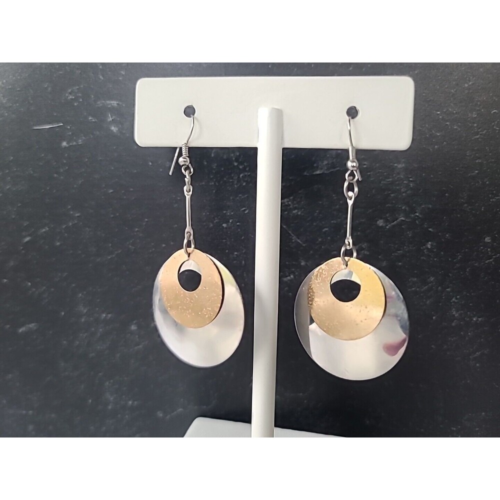 Two Toned Metal Dangling Pierced Earrings Vintage